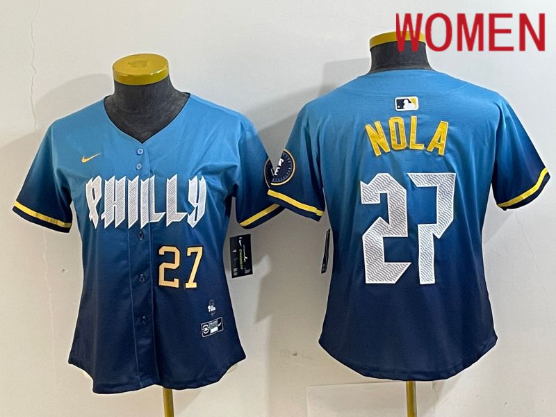 Women Philadelphia Phillies #27 Nola Blue City Edition Nike 2024 MLB Jersey style 3->women mlb jersey->Women Jersey